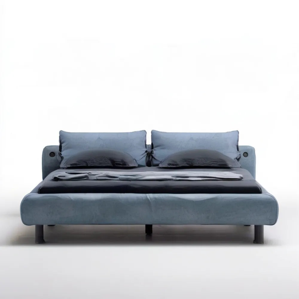 Tapicerowane łóżko dwuosobowe niebiesko-czarne 180 x 200 cm ze stelażem listwowym