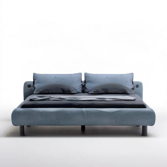 Tapicerowane łóżko dwuosobowe niebiesko-czarne 180 x 200 cm ze stelażem listwowym