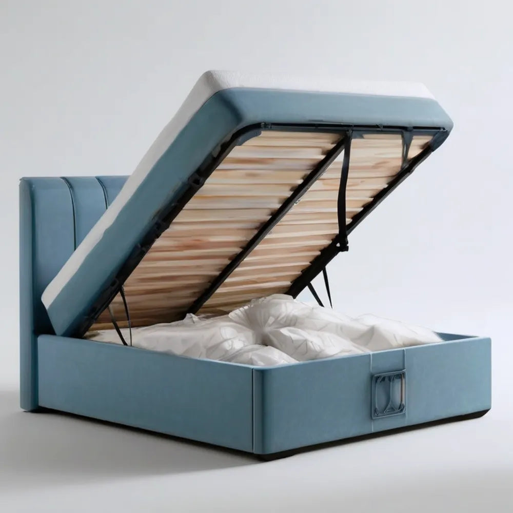 Tapicerowane łóżko ze schowkiem i stelażem podnoszonym 160 × 200 cm, niebieskoszare