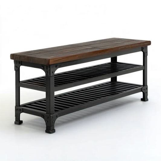 Ławka do przedpokoju z 2 półkami na buty, czarna stal i brązowy blat MDF, 100 x 35 x 50 cm