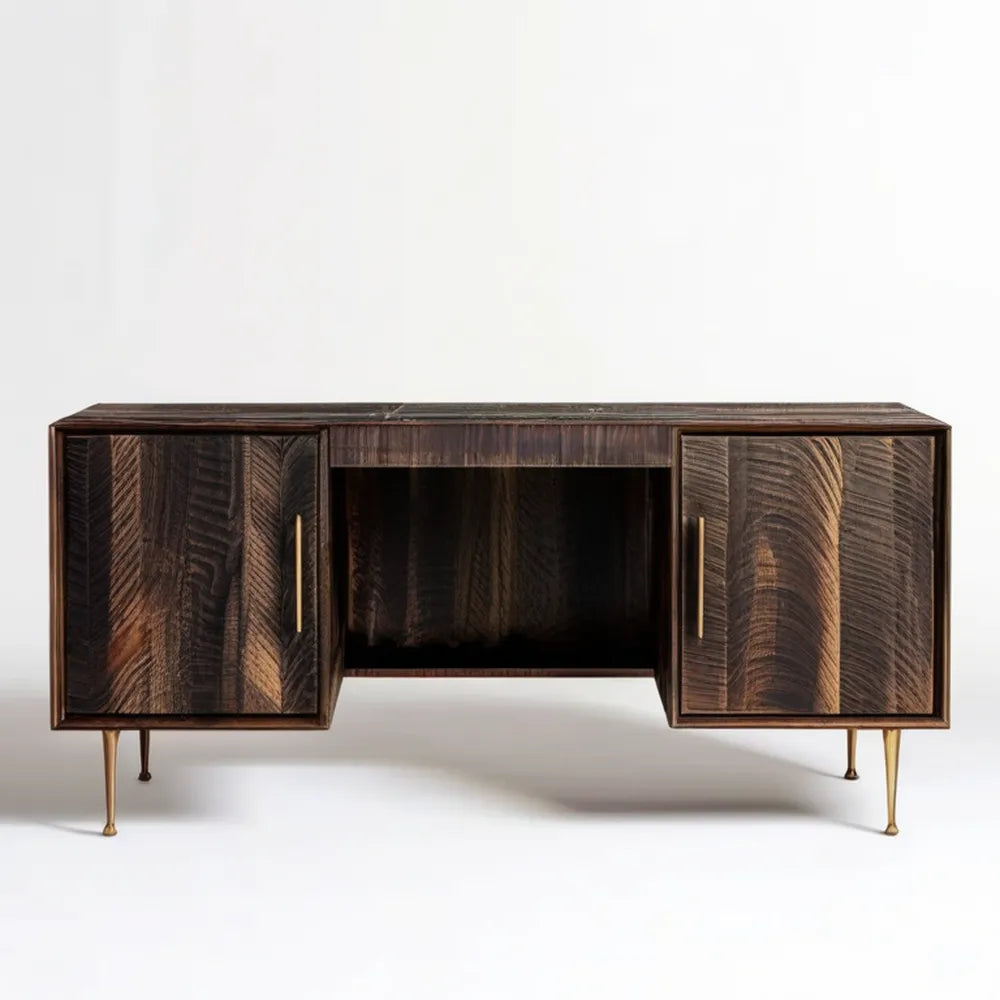 Biurko gabinetowe z dwiema szafkami, fornir dębowy, ciemny brąz/mosiądz, 160 x 60 x 76 cm