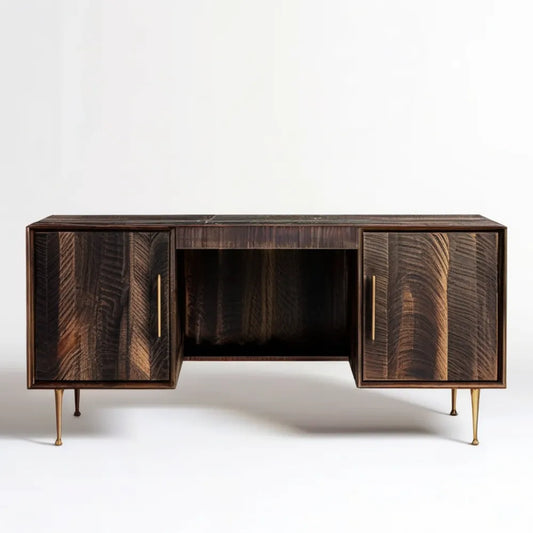 Biurko gabinetowe z dwiema szafkami, fornir dębowy, ciemny brąz/mosiądz, 160 x 60 x 76 cm